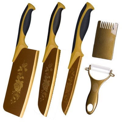 蔷薇刀钛金刀五件套装太金全套刀具厨房家用不锈钢切菜刀厨刀组合