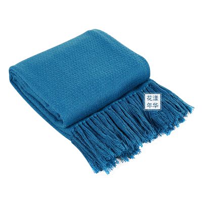 北欧蓝色毛毯子样板房装饰搭毯床尾搭巾羊毛毯现代简约流苏沙发毯