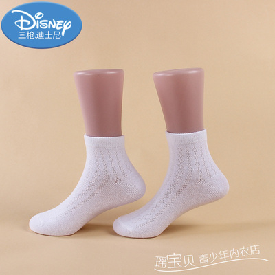 迪士尼儿童袜子小中大男童女童网眼条纹纯棉春夏小孩白色短袜薄袜