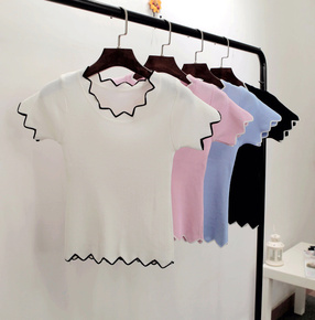夏季新款2016韩版修身显瘦波浪领针织短袖T恤百搭打底衫上衣女潮