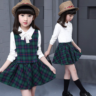 童装秋季新款16女童格子马甲T恤短裙三件套韩版女童中大童套装裙