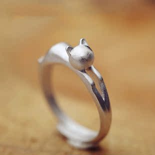 韩国东大门S925纯银时尚唯美可爱立体小猫开口戒指女指环防过敏
