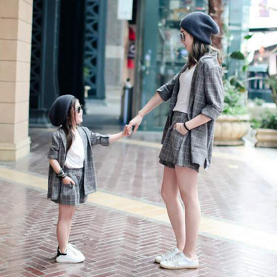 亲子套装秋装新款母女装女童格子英伦韩版时尚西装外套两件套儿童