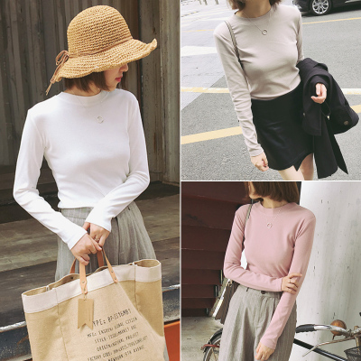 2016秋季女装新款韩版简约修身长袖针织衫t恤纯色百搭上衣打底衫