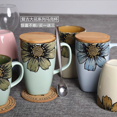 复古陶瓷马克杯带盖勺大容量创意简约咖啡杯水茶杯星巴克杯子包邮