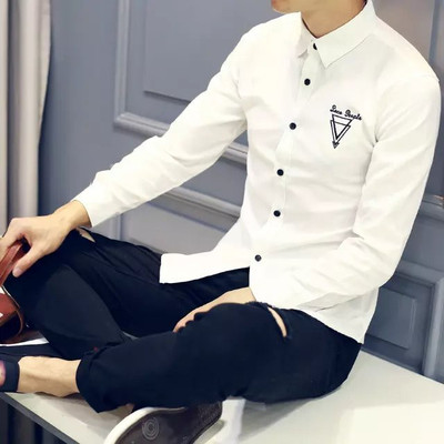 夏季青少年长袖衬衫男韩版修身学生秋季青年打底衬衣薄款白色寸衫