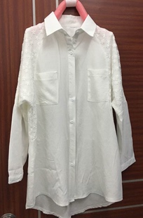 欧洲站2016春装新款加绒蕾丝衬衣女装中长款宽松长袖白色打底衬衫