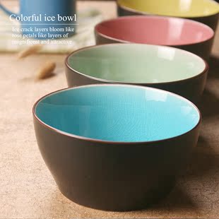 多色冰裂纹创意陶瓷米饭碗韩式碗吃饭家用餐具套装可爱送礼彩色