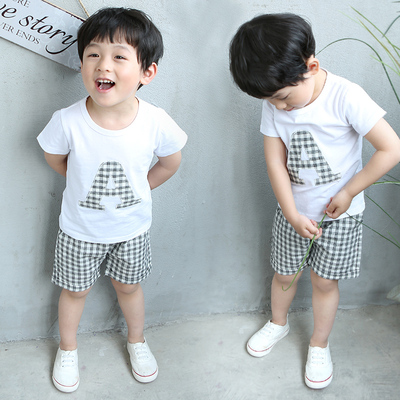 2016男童短袖套装夏装新款韩版宝宝 儿童装T恤格子休闲两件套