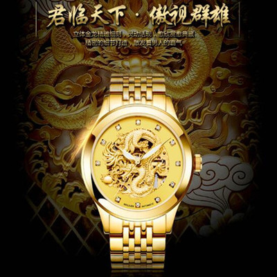 瑞士正品防水手表男士镂空全自动机械表金色精钢龙表镶钻男士手表