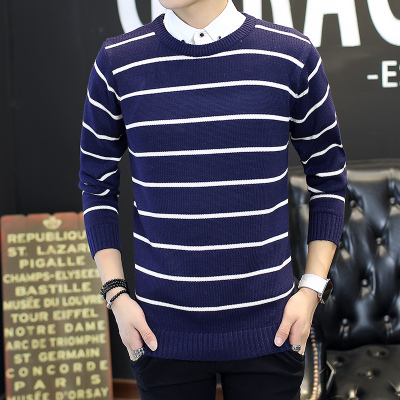 2016韩版毛衣男针织衫学生圆领套头打底衫青少年条纹修身毛线上衣