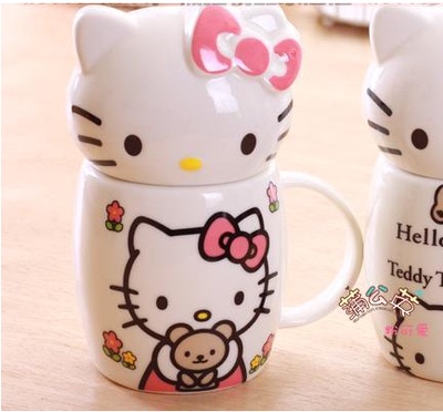 可爱牛奶杯咖啡杯 KT猫杯创意杯子 陶瓷杯带盖勺包邮