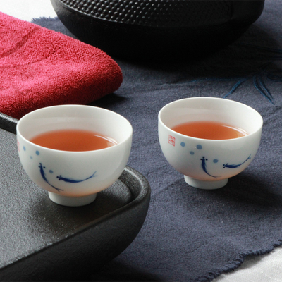 新款手绘茶杯青花品茗杯荷花茶杯子红茶杯手工茶艺白瓷功夫茶杯