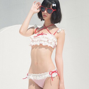 日本潮牌 -定制游泳衣女日系贫乳分体荷叶边软妹比基尼bikini泳装