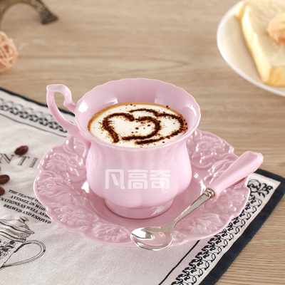 欧式咖啡杯英式粉色杯碟浮雕花盘下午茶茶具创意陶瓷咖啡套装杯子