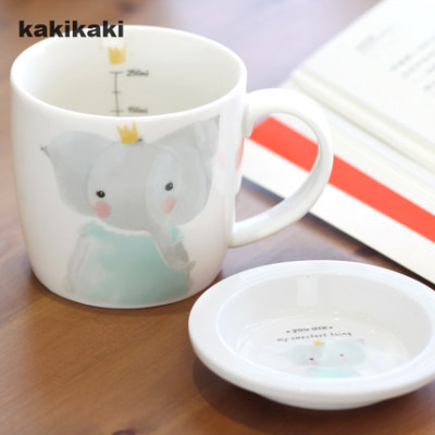 kakikaki动物王国简约早餐牛奶马克杯带盖勺带刻度儿童陶瓷水杯子