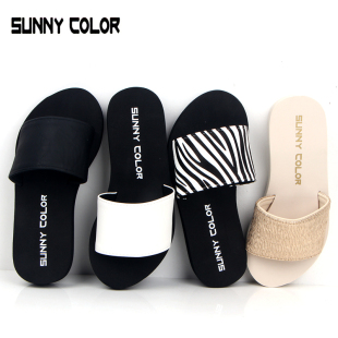 SUNNY COLOR厚底松糕坡跟一字拖鞋女 夏季新款韩版凉拖防滑沙滩鞋