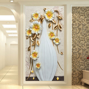 玄关过道走廊背景墙壁纸3d立体欧式墙纸大型无缝壁画花瓶花卉玉雕