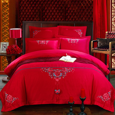 2016新款婚庆四件套大红色 床上4件套双人刺绣被套2.0m床盖式床品