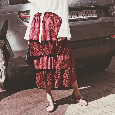 OTAKU PROECT 春夏新装高腰多层设计百搭纯色半身裙a字包臀潮